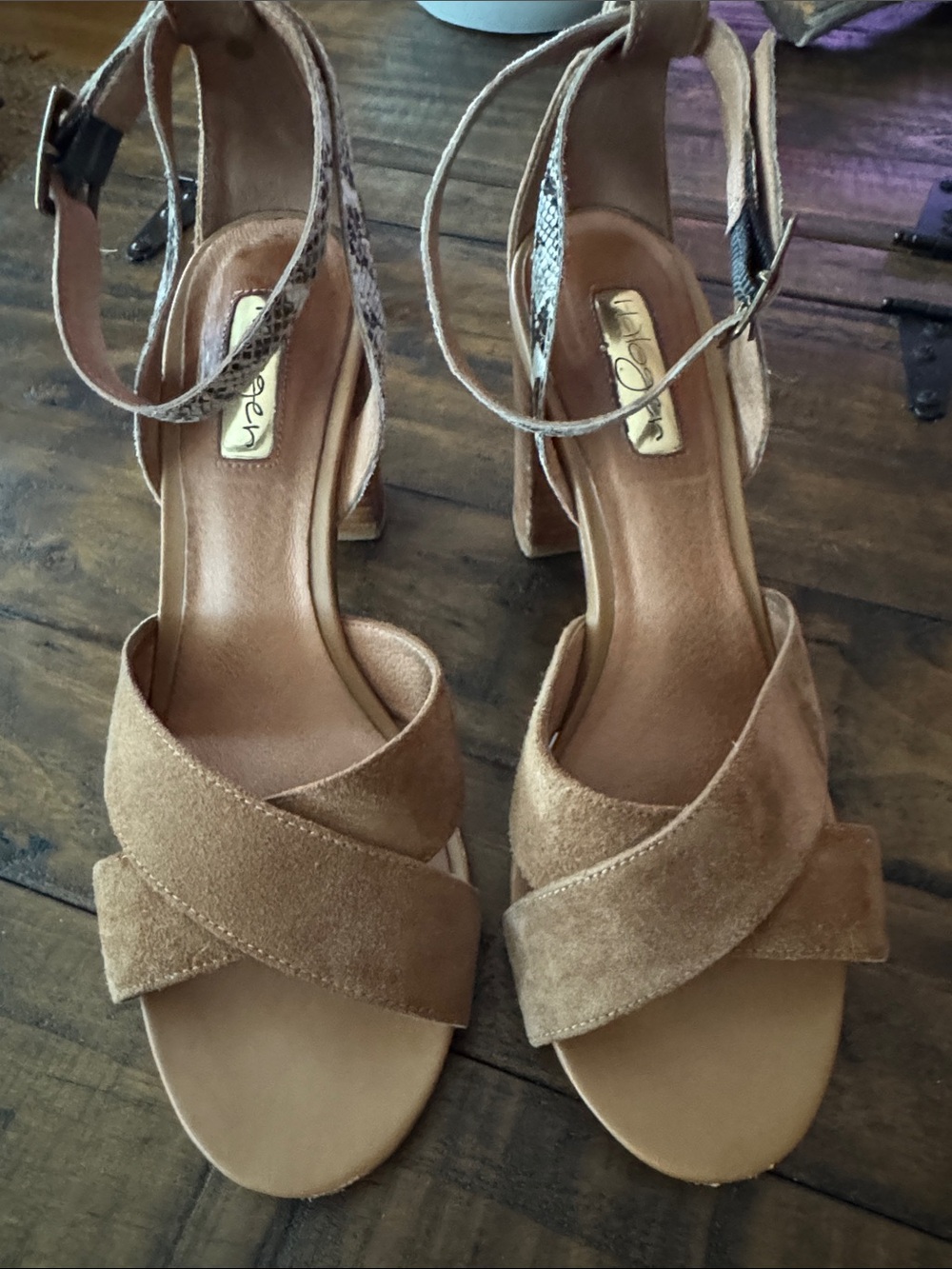 Halogen Hahaley Cognac Suede Block Heel Sandals with Snake-Print Ankle Strap